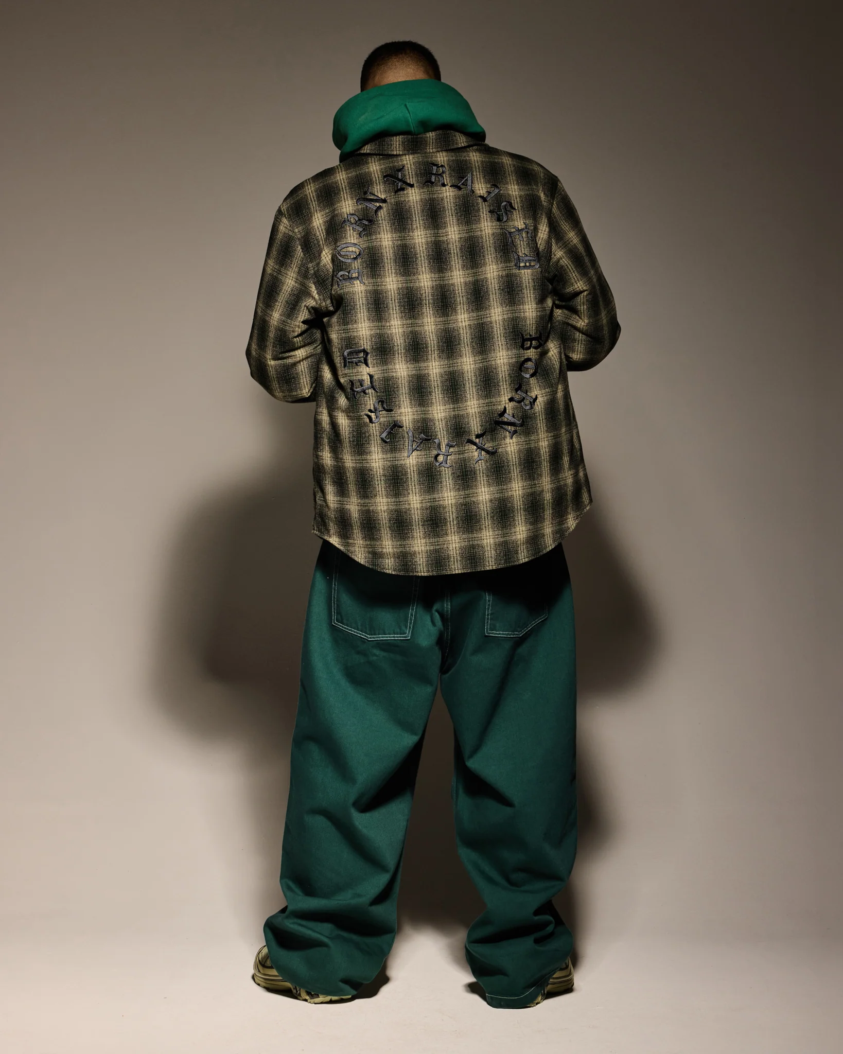 OVERSIZED FLANNEL SHIRT JACKET: GREEN / BLACK - Image 9